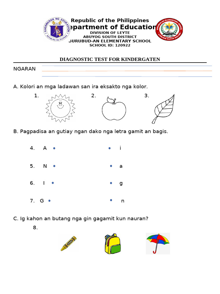 Kindergarten Diagnostic Test Outline | PDF | Chess Openings | Chess Theory