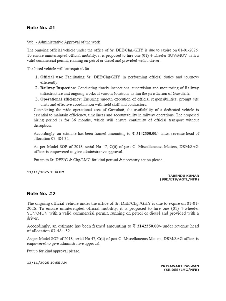 Approval for Hiring Official Vehicle | PDF