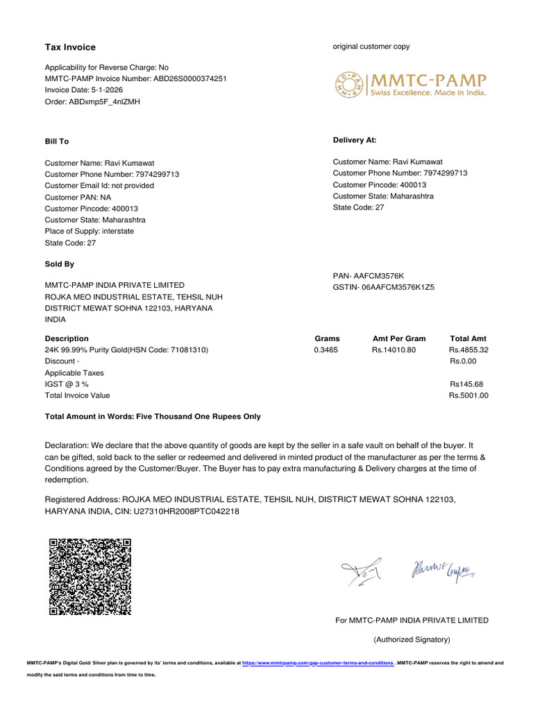 Tax Invoice for Gold Purchase - MMTC-PAMP | PDF | Invoice