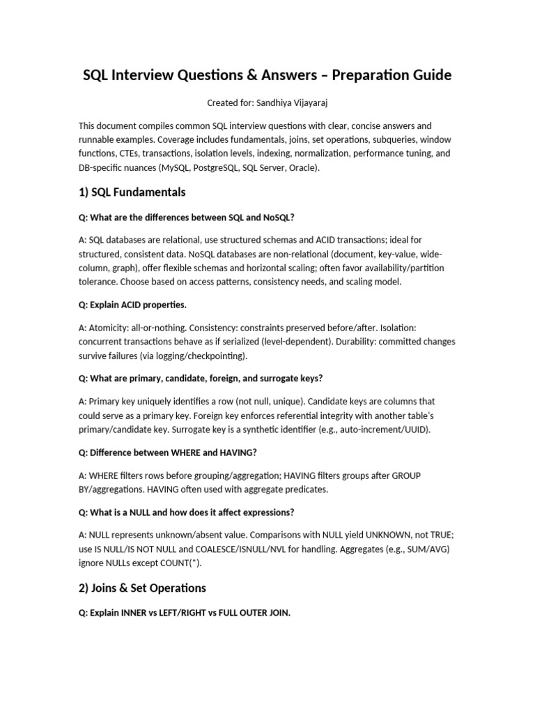 SQL Interview Questions & Answers Guide | PDF | Postgre Sql | Database ...