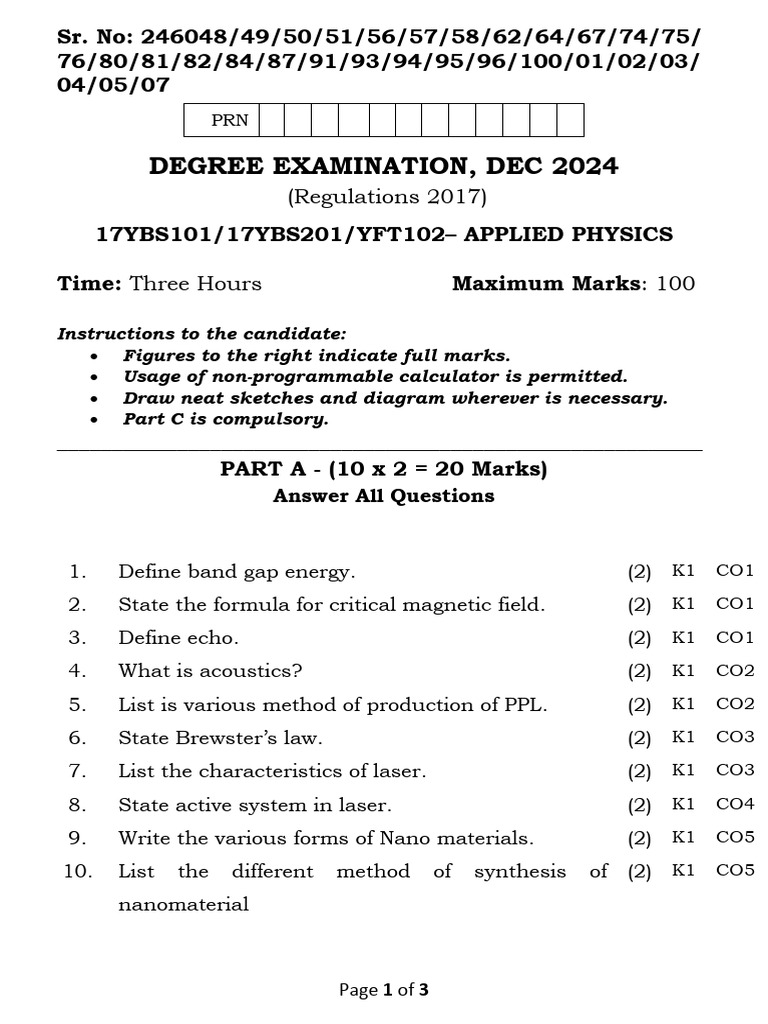 Applied Physics Exam Questions 2024 | PDF | Electromagnetism | Physical ...