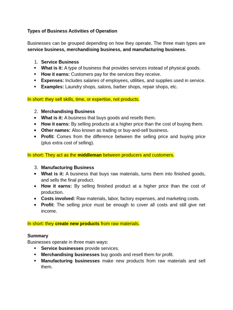 Types of Business Operations Explained | PDF