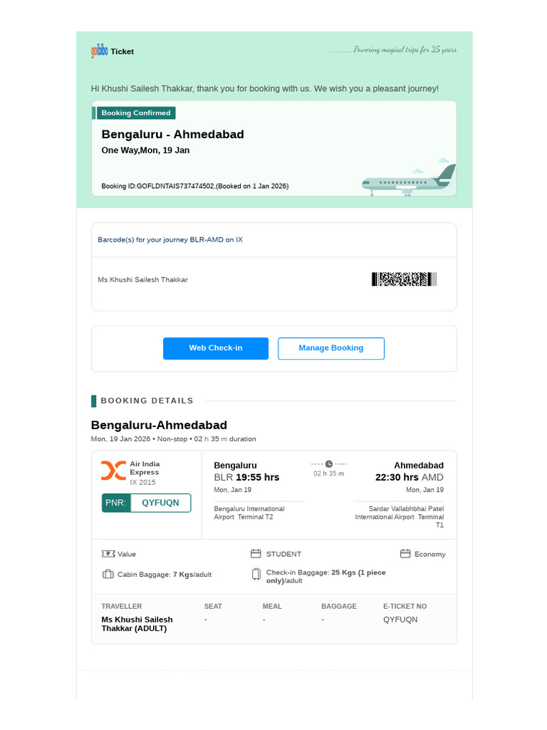 Air India Express Booking Confirmation | PDF | Fee | Identity Document