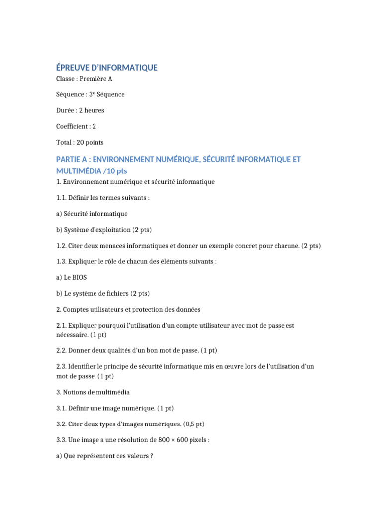 Épreuve Informatique Première A - Séquence 3 | PDF