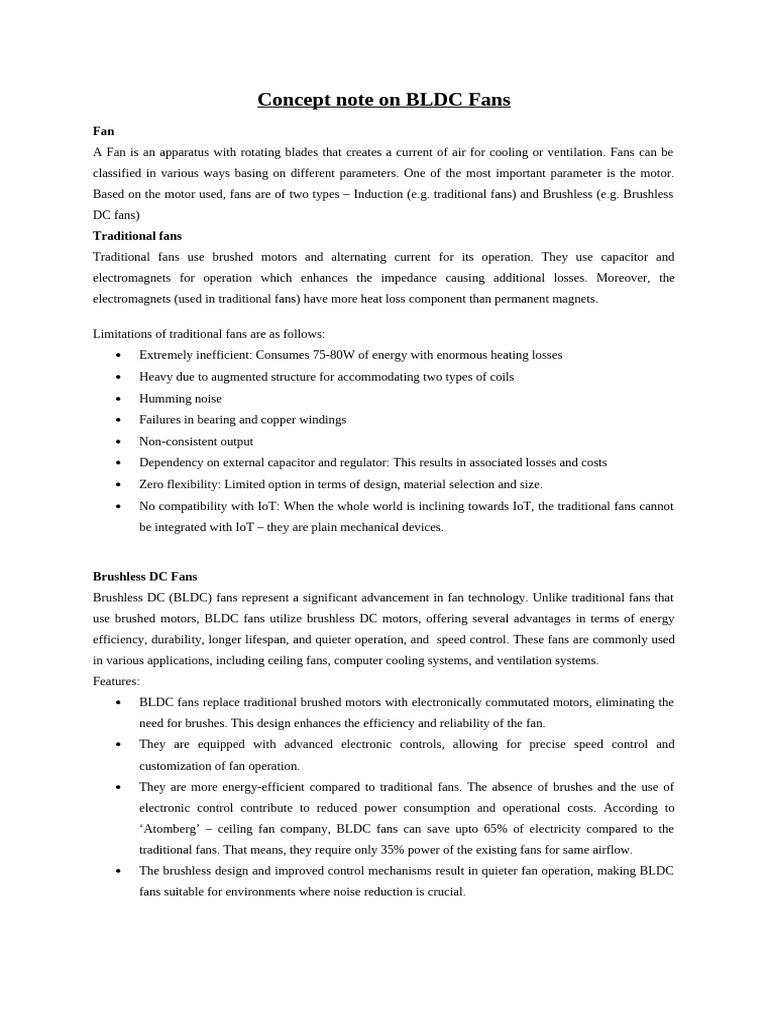 Concept Note On BLDC Fan (Revised) | PDF | Electric Motor ...