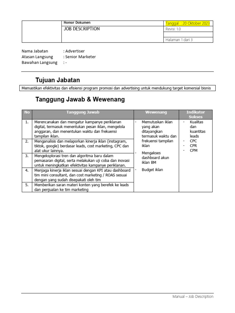 Contoh Jobdesc Advertiser | PDF