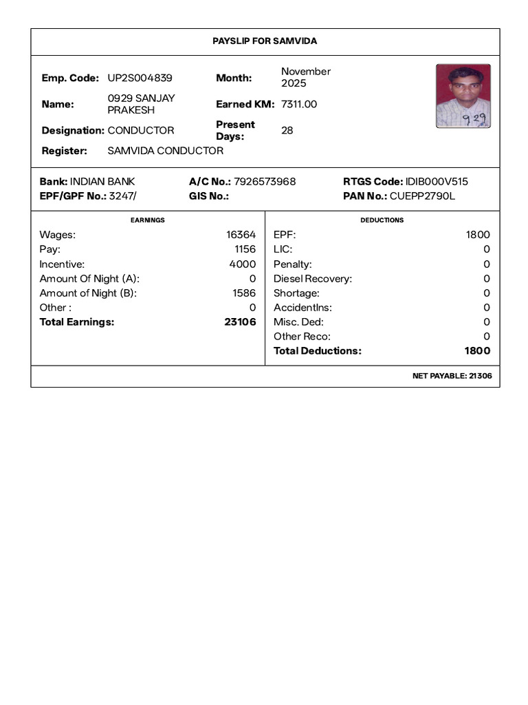 November 2025 Payslip for Conductor | PDF
