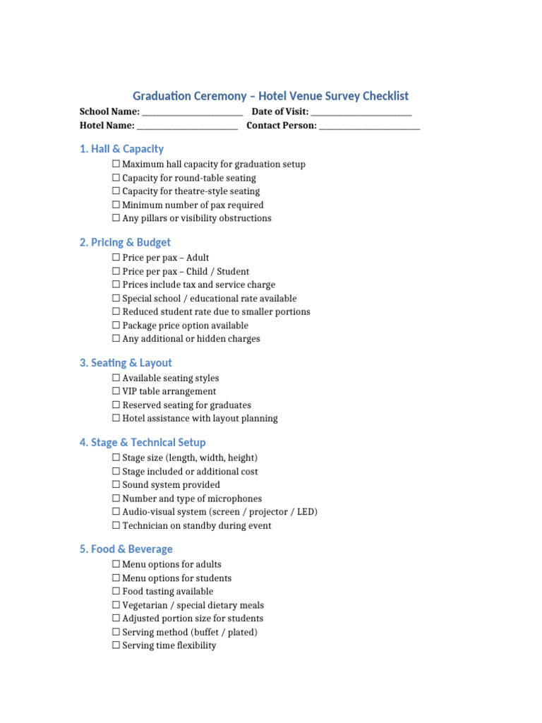 Graduation Venue Survey Checklist | PDF