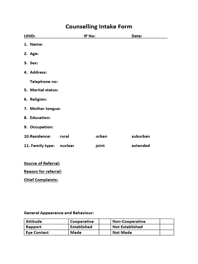 Counselling Intake Form Template | PDF