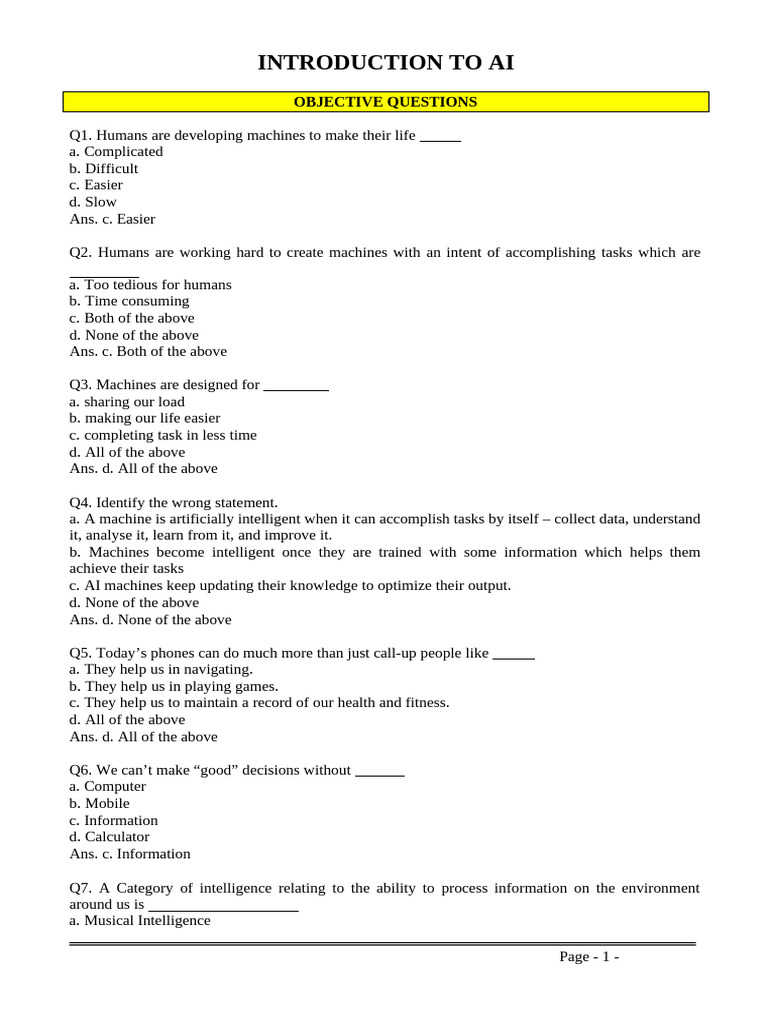 AI Introduction: Objective Questions | PDF | Artificial Intelligence ...