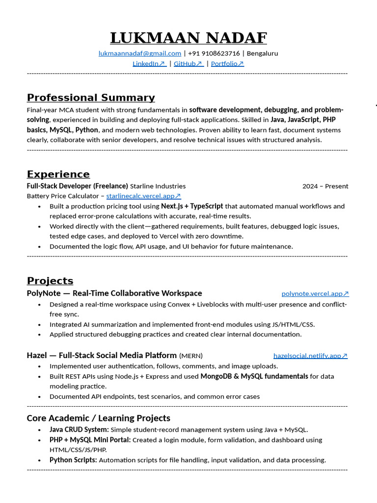 Full-Stack Developer Resume - MCA Student | PDF | Java Script | My Sql