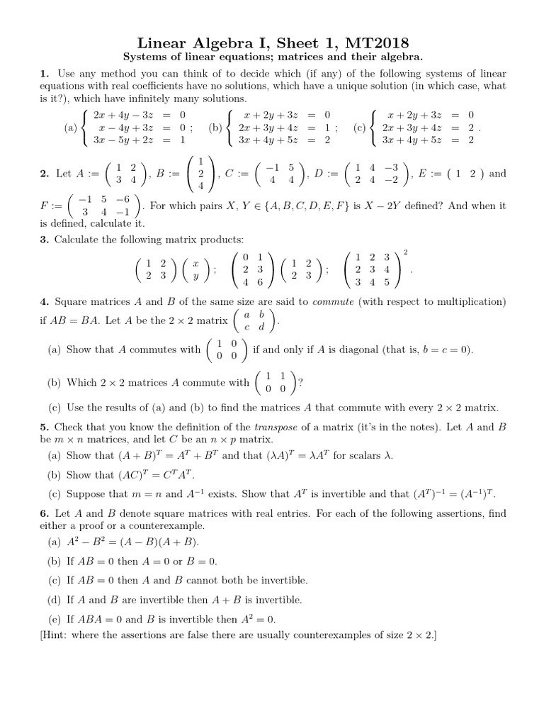 Linear Algebra I: Systems & Matrices | PDF | Matrix (Mathematics ...