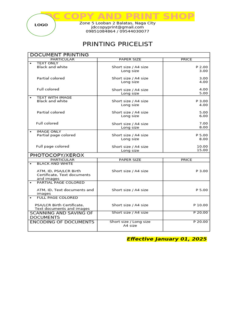 JDC Copy and Print Shop Pricing Guide | PDF