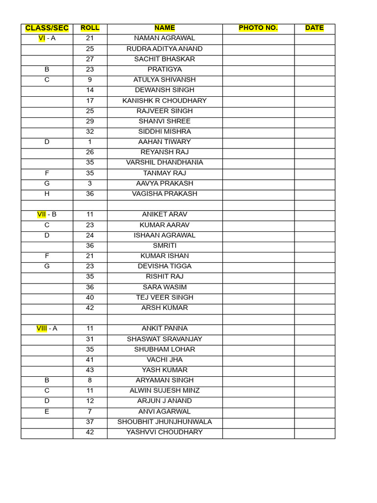 Student Roll Call List by Class | PDF
