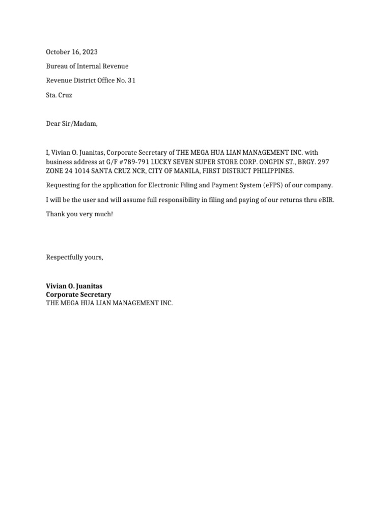 eFPS Application Request for Mega Hua Lian | PDF