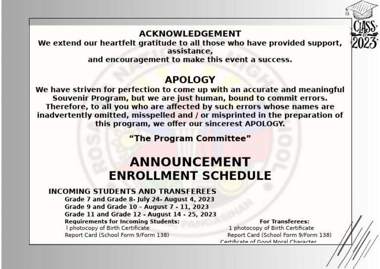 Enrollment Schedule and Acknowledgements | PDF