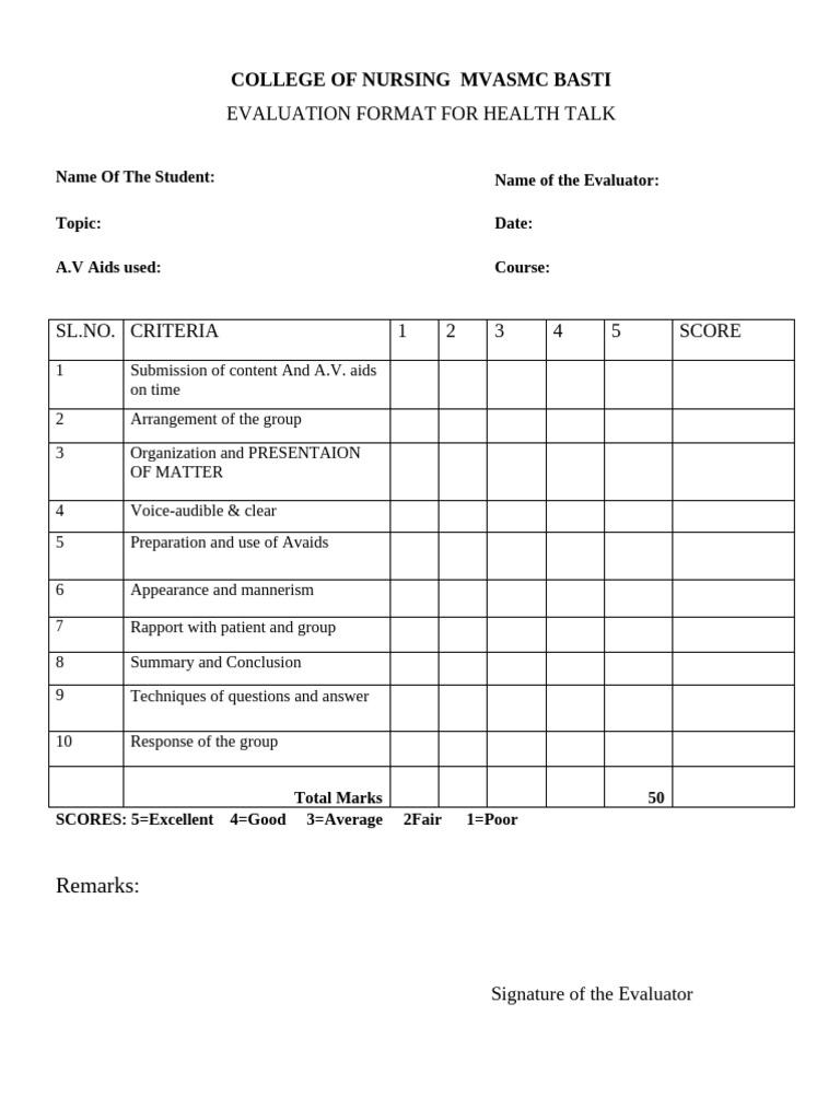 Health Talk Evaluation Format | PDF