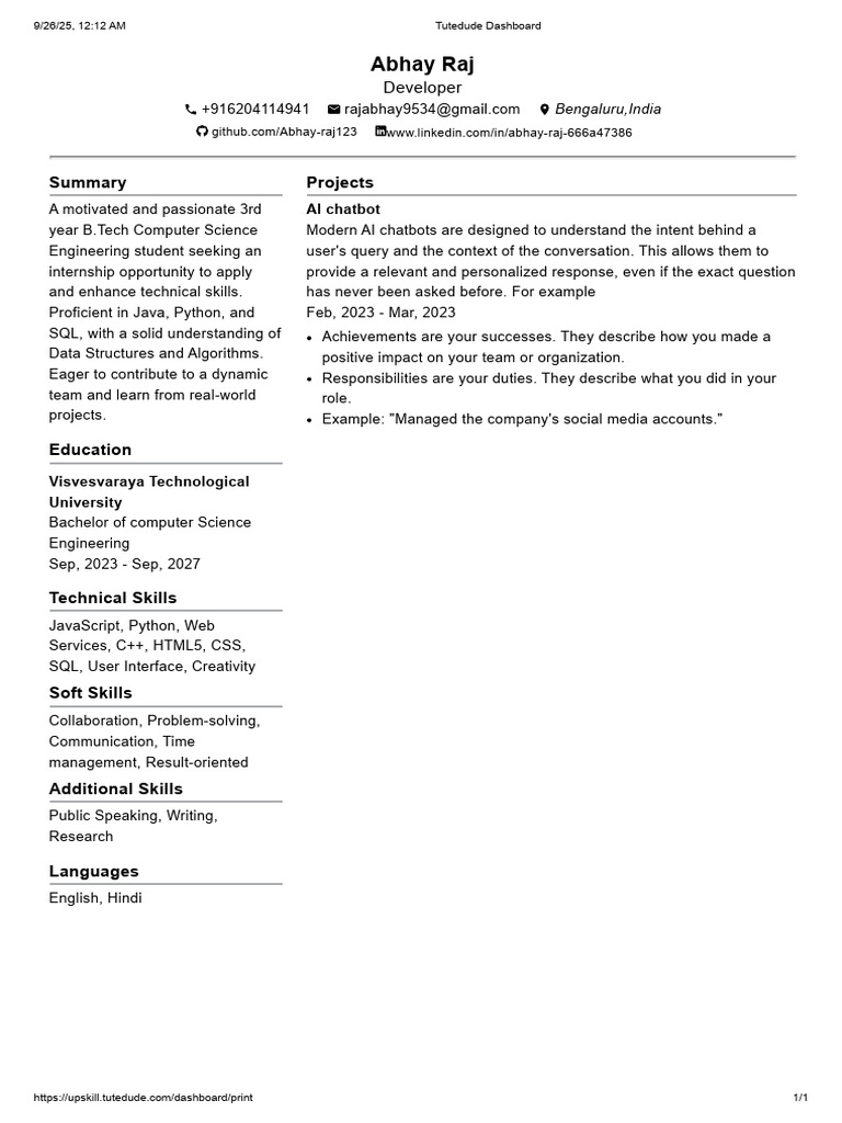 B.Tech Computer Science Student Resume | PDF