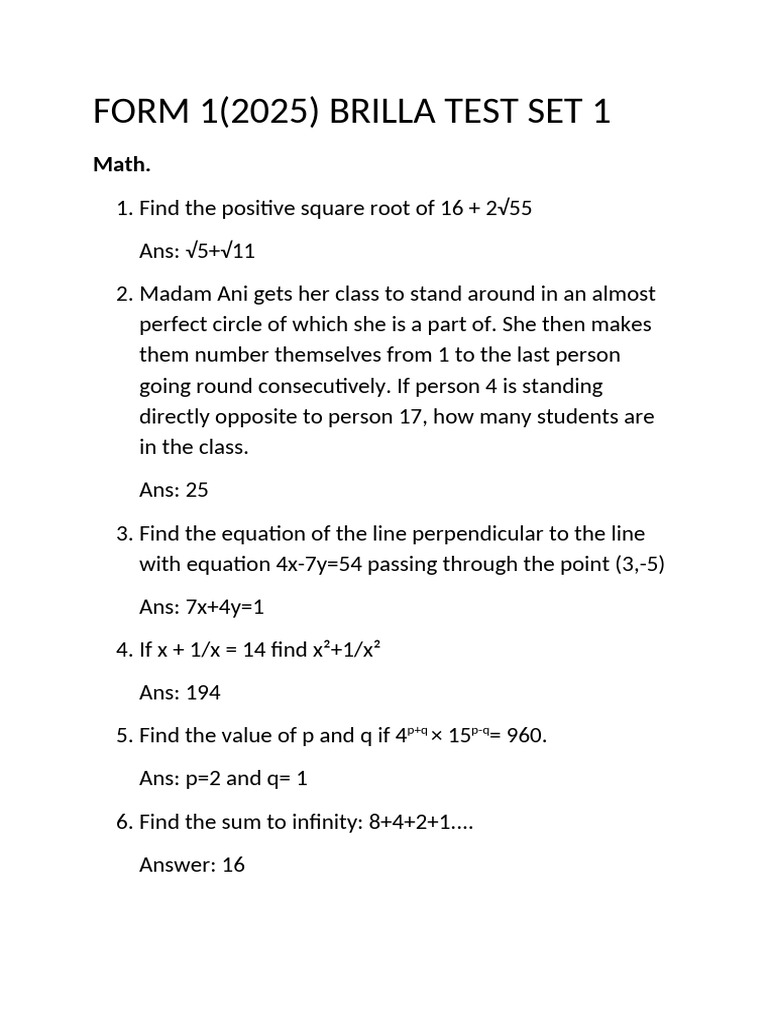 FORM 1 Brilla Test Math Set 1 | PDF | Circle | Numbers