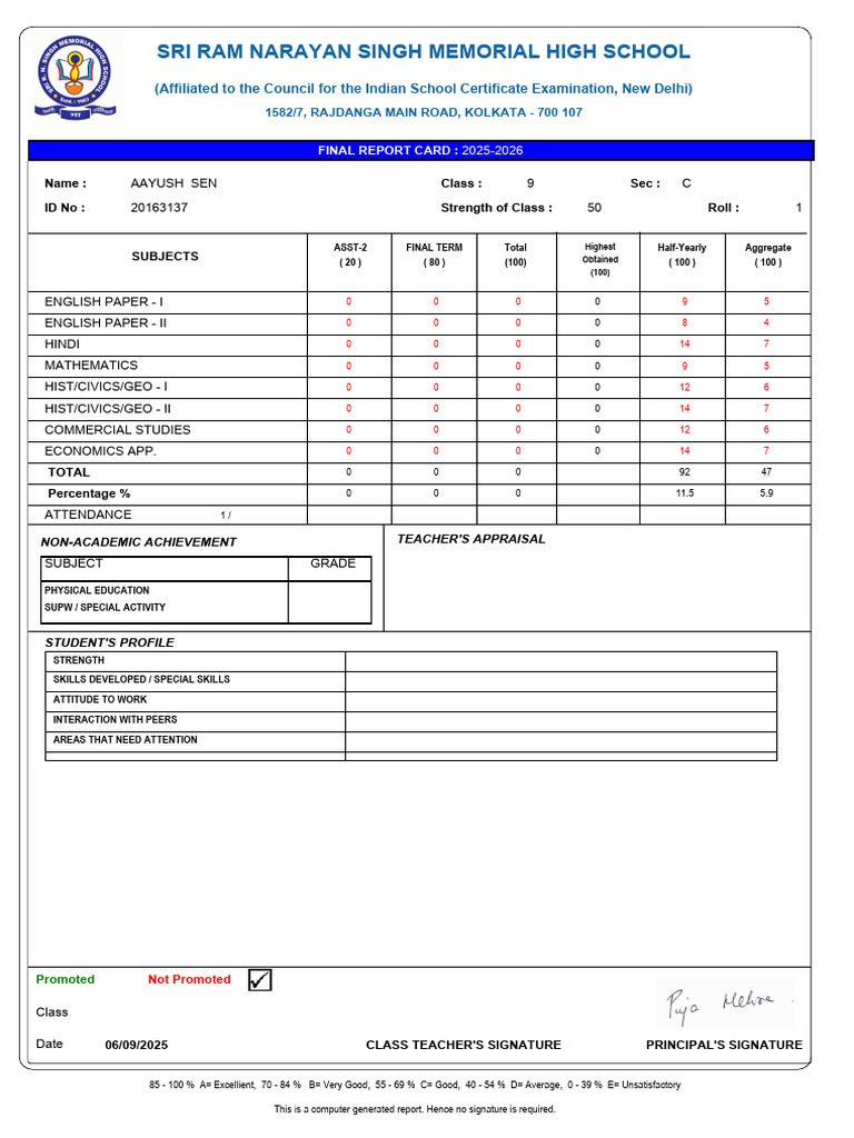 Class 9 Final Report Cards 2025-2026 | PDF | Teachers