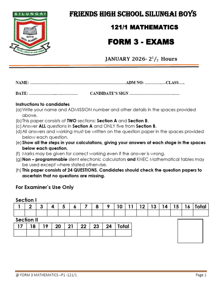 Form 3 Mathematics Exam Paper 121/1 | PDF | Qualifications