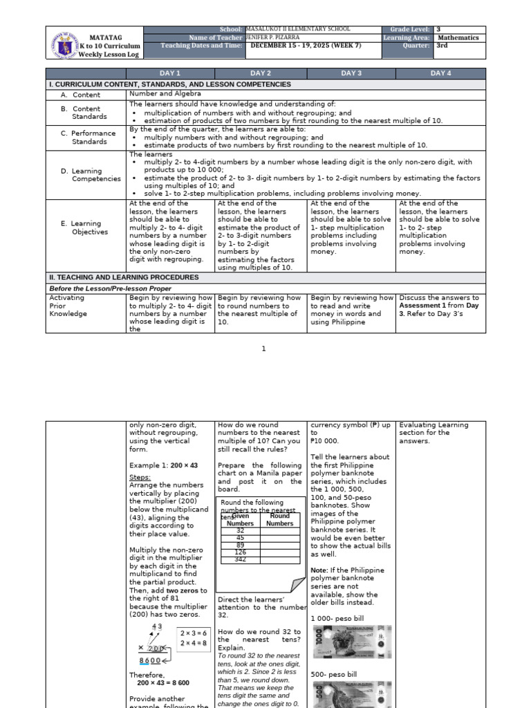 Grade 3 Math Weekly Lesson Plan | PDF | Multiplication | Learning