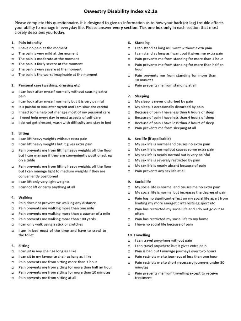 Oswestry Disability Index Questionnaire | PDF | Chess Theory | Chess