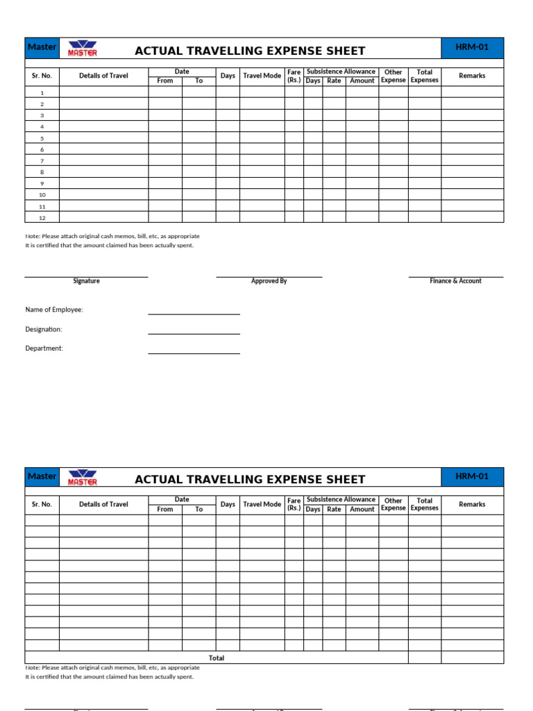 Actual Travel Expense Sheet Template | PDF