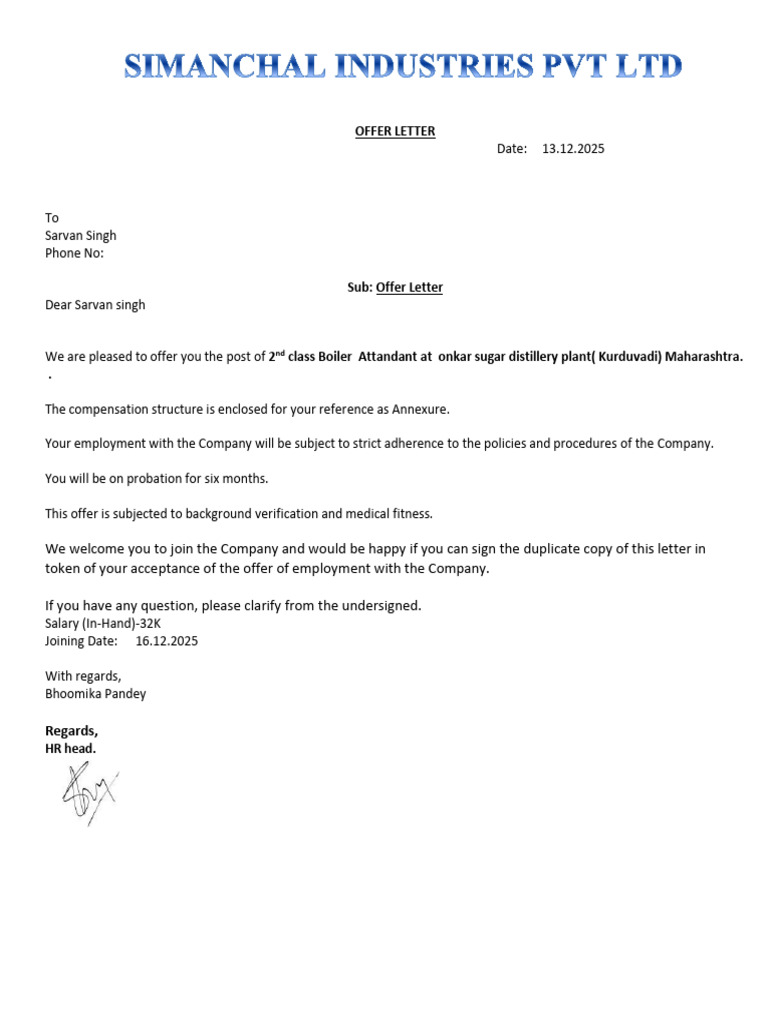 Offer Letter for Boiler Attendant Position | PDF