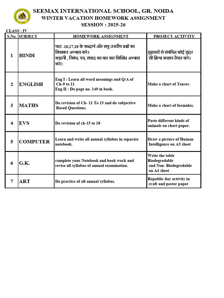 Winter Vaccation Homework 2025-26 Class IV | PDF