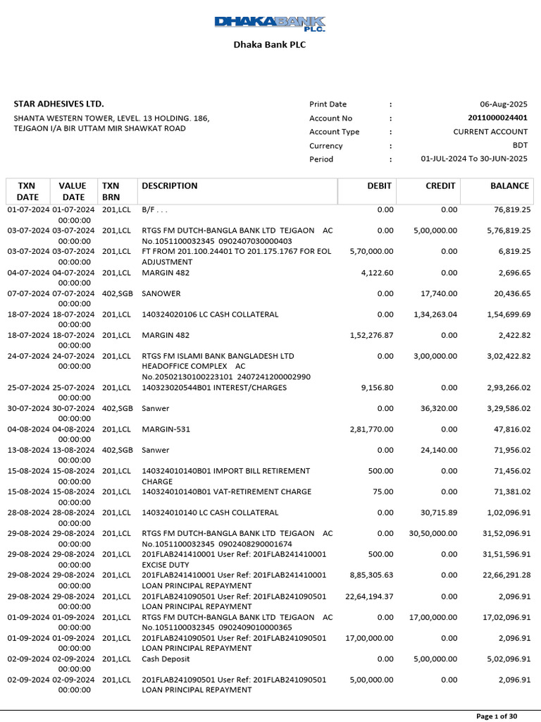 Current Account Statement 2024-2025 | PDF | Debits And Credits | Credit