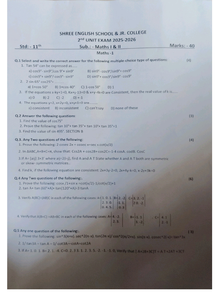 Unit Test 2025 - 26 Maths 1,2 | PDF