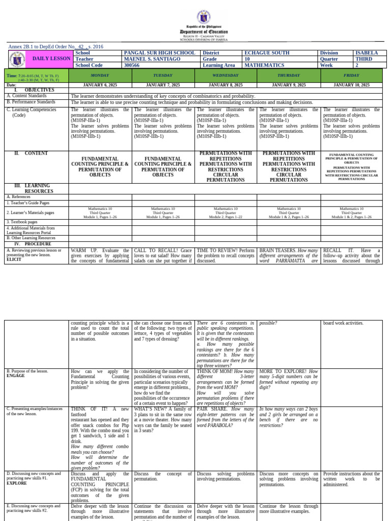 Grade 10 Math Daily Lesson Plan | PDF | Learning | Permutation