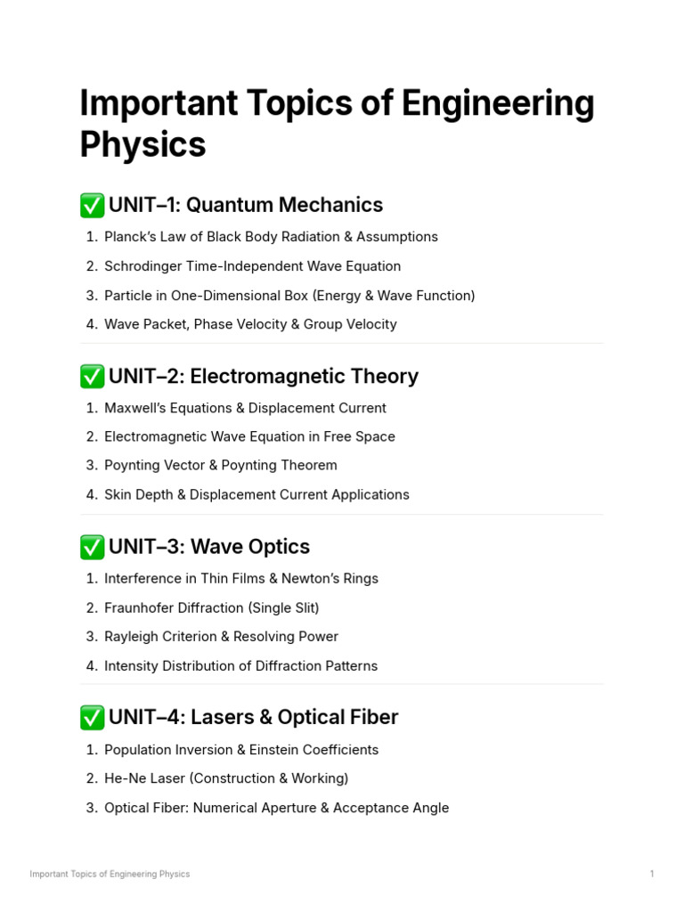 Important Topics of Engineering Physics | PDF