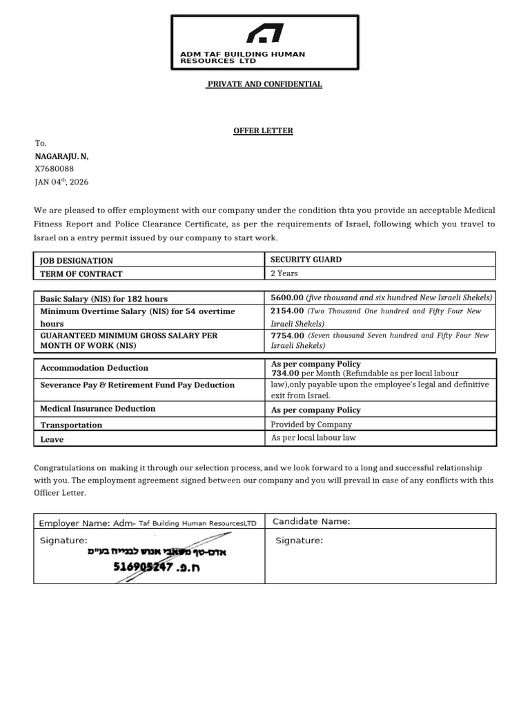 Pradeep Kumar Ramesh Kumar Israel Offer Letter | PDF