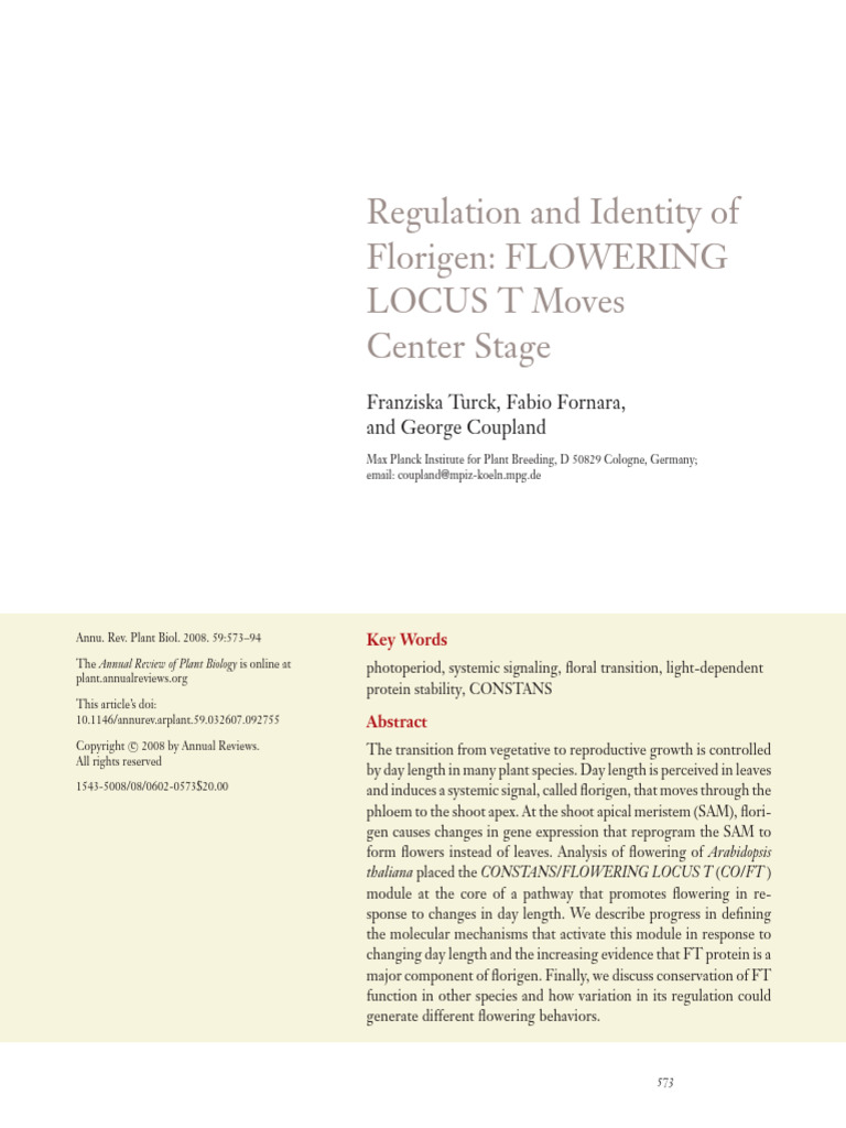 Florigen Regulation in Flowering Plants | PDF | Macromolecules | Genetics