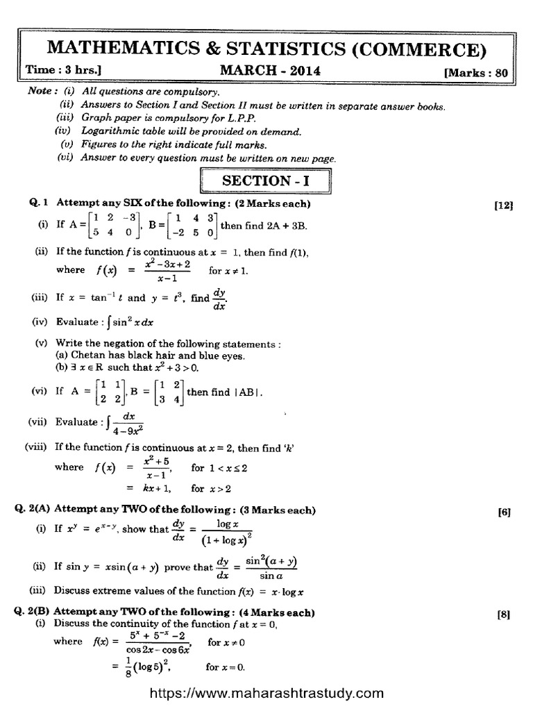 MH Board Class 12 Mathematics and Statistics Commerce 140323 Mar 2014 | PDF
