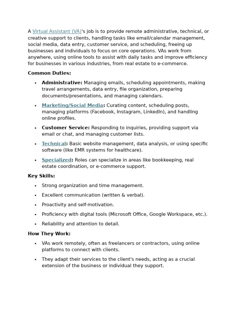 Understanding Virtual Assistants: Roles & Skills | PDF | Outsourcing ...