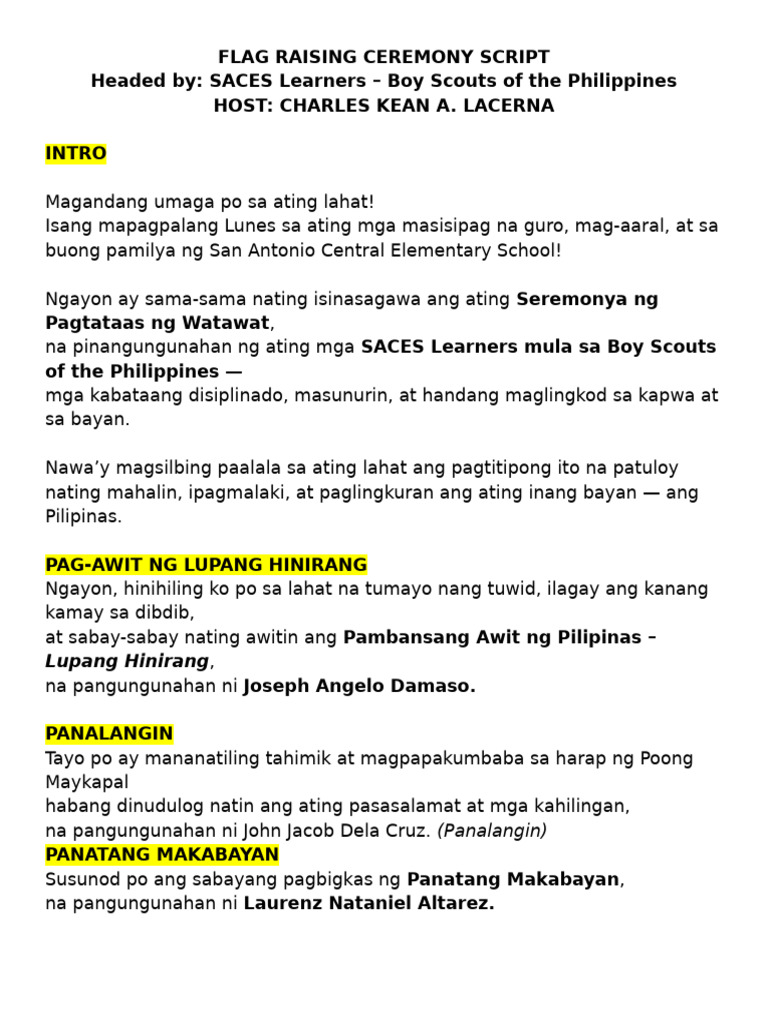 Flag Raising Ceremony Script BSP | PDF