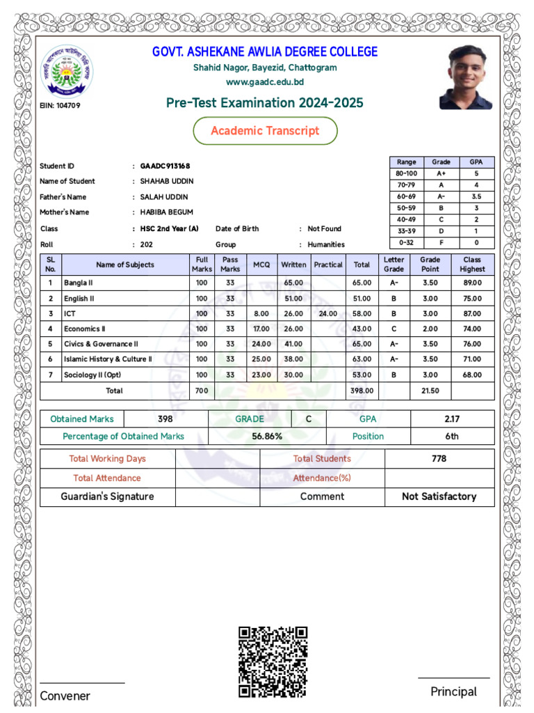 HSC 2nd Year Academic Transcript 2025 | PDF | Liberal Arts Education
