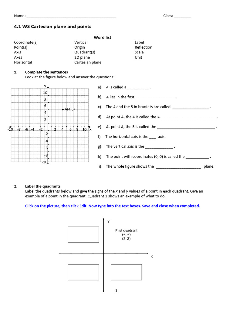 Cartesian Plane and Points Worksheet | PDF | Cartesian Coordinate ...