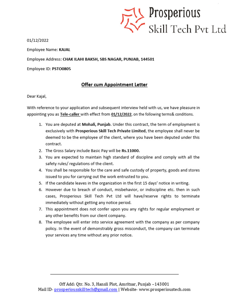 Tele-caller Appointment Letter Template | PDF