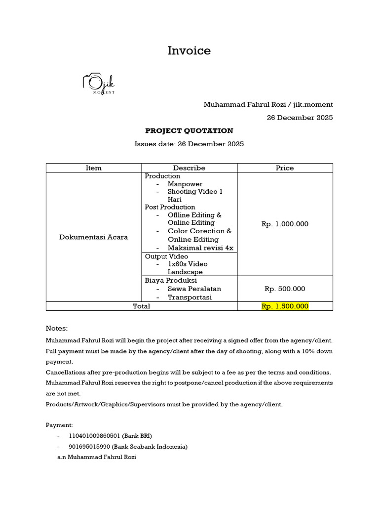 Project Quotation Invoice for Video Production | PDF