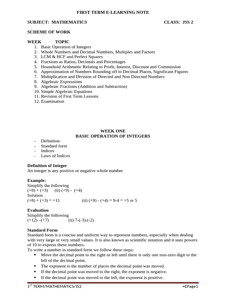 JSS 2 Mathematics E-Learning Notes | PDF | Integer | Numbers