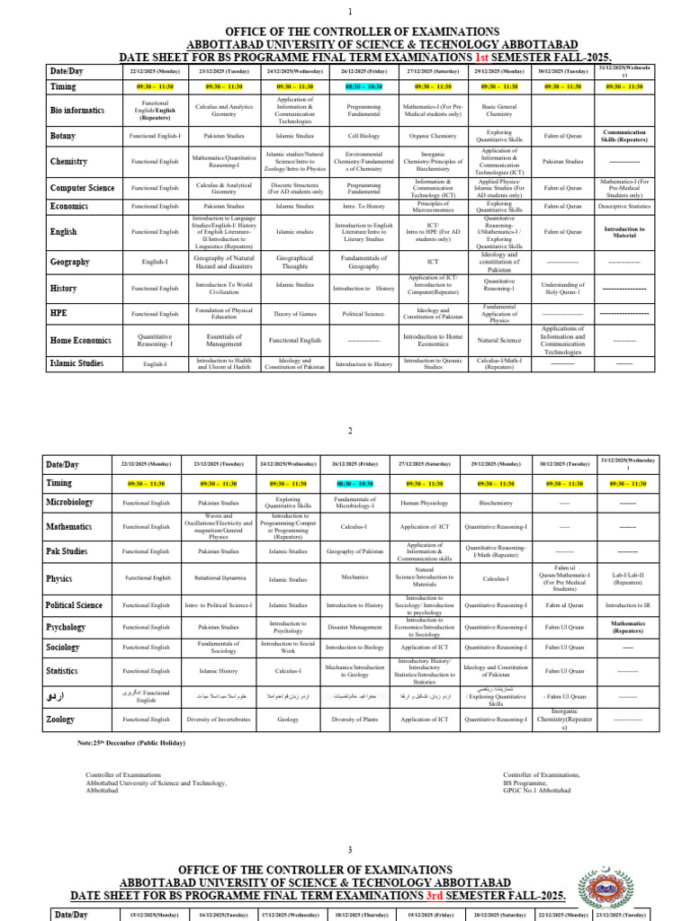 BS Final Term Exam Date Sheet 2025 | PDF | Science | Physics