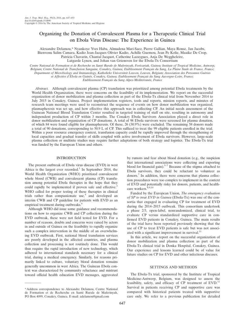 1delamou Et Al - 2016 - Organizing The Donation of Convalescent Plasma ...