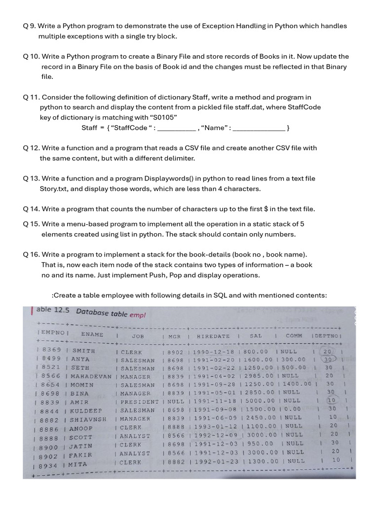 Practical File Questions XII 2025 | PDF | Sql | Computing