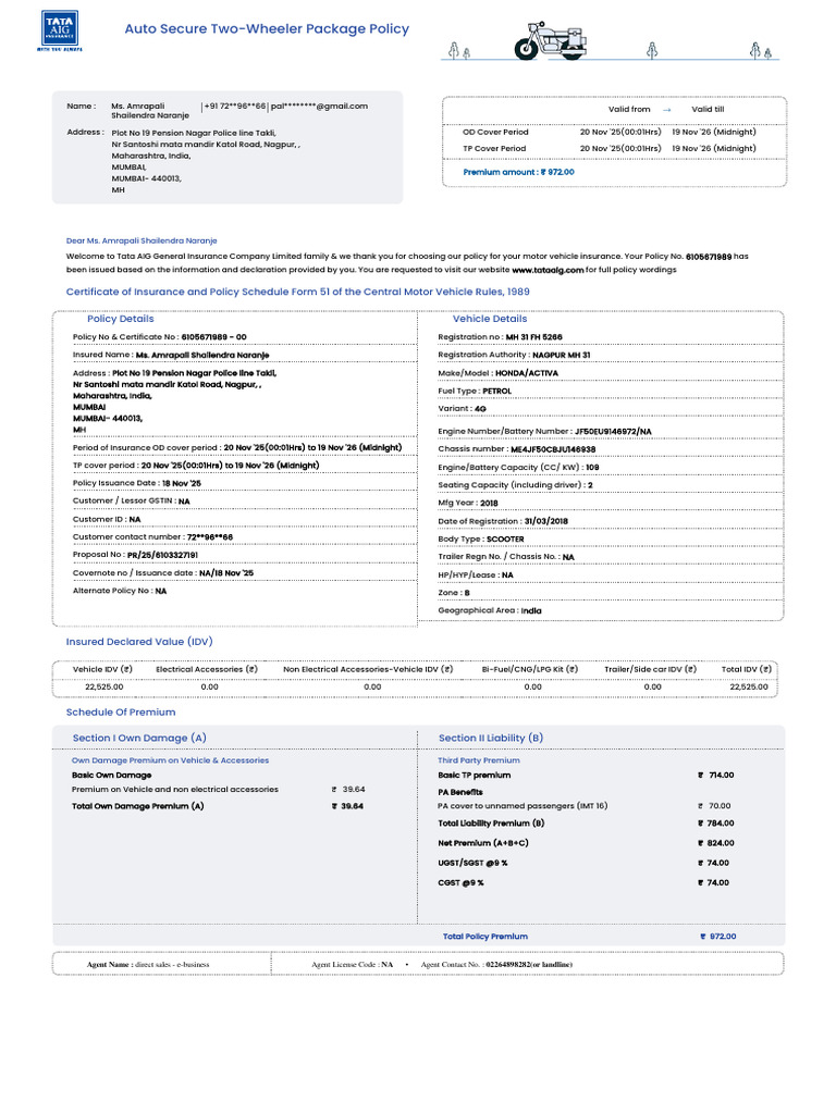 Certificate of Insurance and Policy Schedule Form 51 of The Central ...