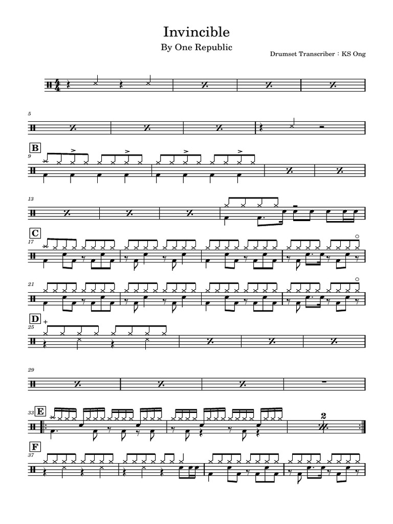 One Republic Invincible Drum Transcription | PDF