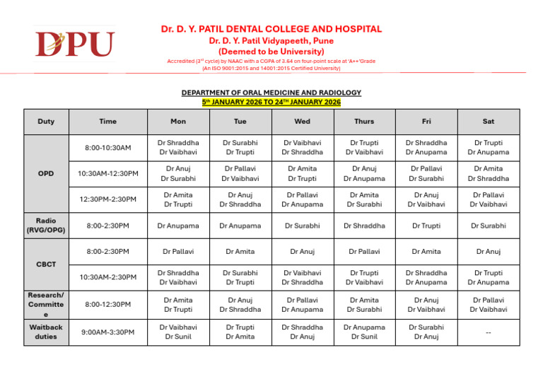Oral Medicine Duty Schedule 2026 | PDF